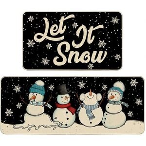 New Christmas Snowman Kitchen Mat Set "Let It Snow" 2 Piece Non Slip Floor Rugs